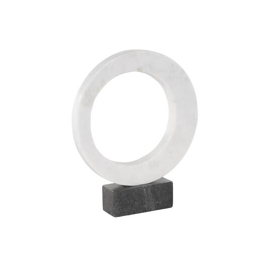 12.25" White Marble Geometric Open Ring Sculpture with Black Block Base